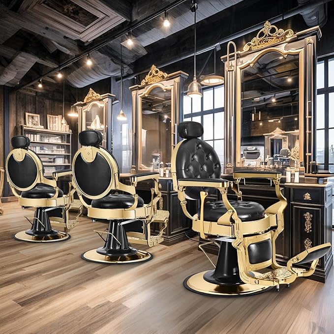 Vintage Barber Chair, Heavy Duty Recline Hair Barber Chair for Barbershop with Removable Headrest, Supports up to 550lbs & 360° Swivel, Professional Salon Beauty Spa Shampoo Equipment, Black Gold