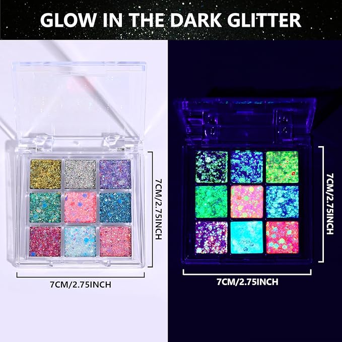 YGDZ Glow in The Dark Face Glitter, Hair Body Glitter Gel, Face Jewels Stick On for Women, Festival Carnival Outfits, Mermaid Costume for Halloween Makeup, Rave Accessories for UV Black Light Party