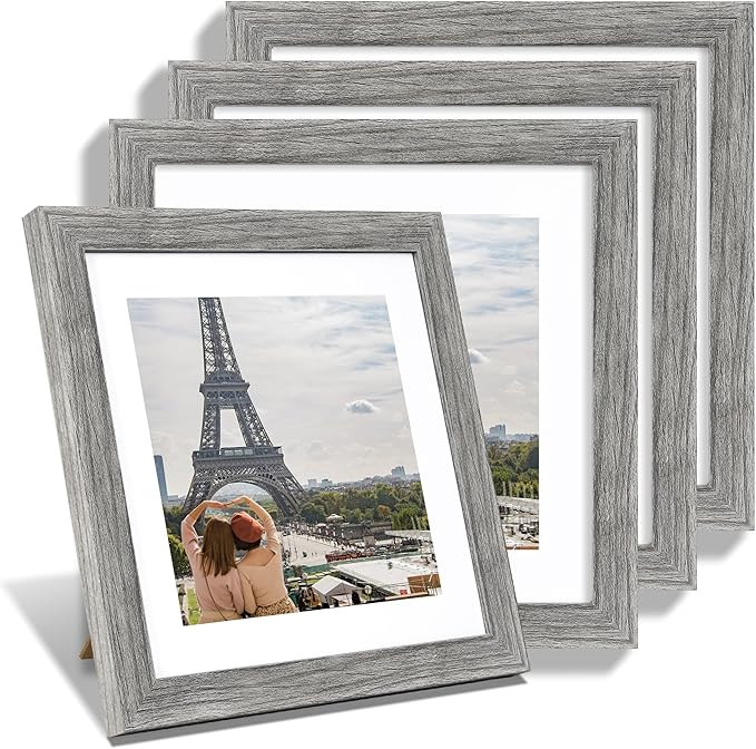 Hongkee 10x10 Picture Frame Set of 4, Made of Glass and Grey Wooden Frame - Display Picture 8x8 with Mat or 10 x 10 Without Mat, 10 by 10 Photo for Wall or Tabletop