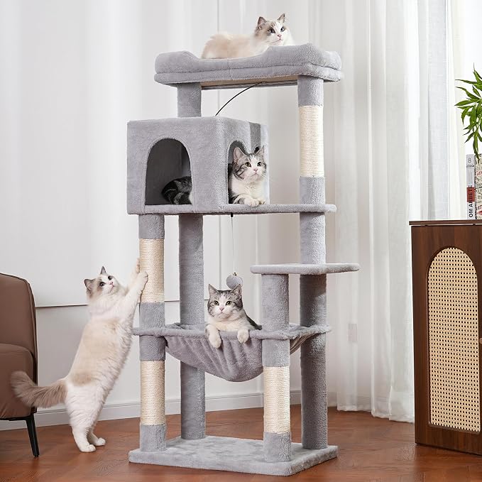 53”Cat Tree with Hammock & Extra Large Bed 23x12” for Large Cats | Adult Cat Tower with Enlarged Hammock, Spacious Condo, 23x12”Xlarge Top Bed, Scratching Posts &Wider Base for Big Cats