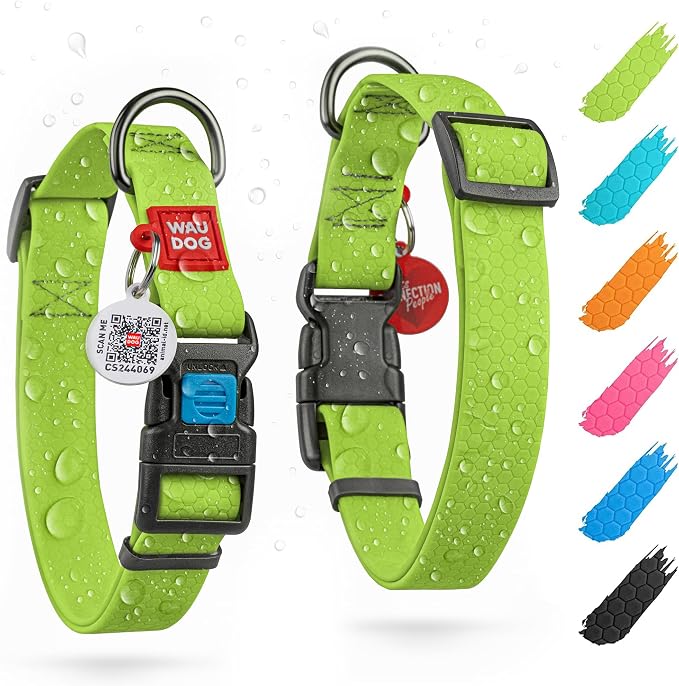 WAUDOG Waterproof Dog Collar - Adjustable Collar with Air Holder and QR Tag for Large, Small and Medium Breeds