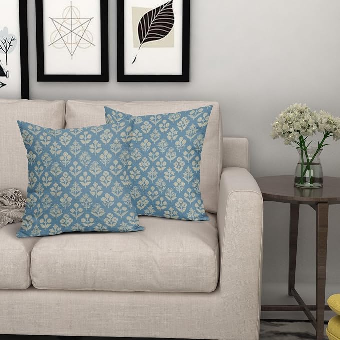 Light Blue Floral Block Print Pillow Covers 16x16 Inch Set of 2, Vintage Flower Pattern Decorative Throw Pillowcases Outdoor Farmhouse Cushion Covers Spring Summer Rustic Sofa Couch Bed Decor