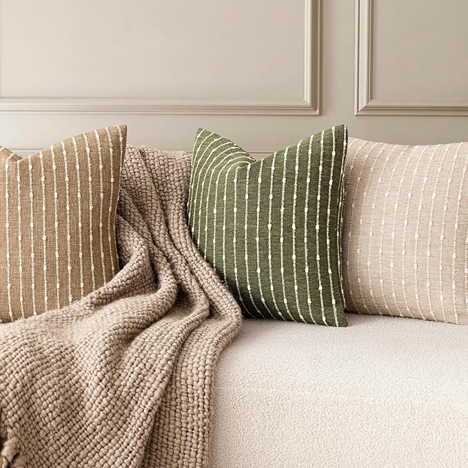 Foindtower Pack of 2 Decorative Jacquard Boucle Lumbar Throw Pillow Covers Accent Textured Striped Pillowcases Cozy Boho Cushion for Couch Sofa Bedroom Living Room Home Decor 12x20 Inch Olive Green