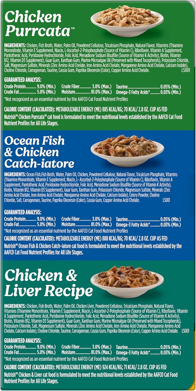 Nutrish Chicken Lover's Wet Cat Food Variety Pack, 2.8 oz Cup (Rachael Ray) | Includes 12 Cups of Three Grain Free Recipes: Chicken Purrcata, Ocean Fish & Chicken Catch-iatore and Chicken & Liver