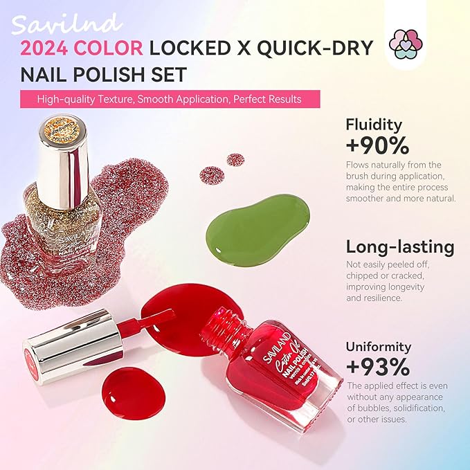 SAVILAND 36 Colors Nail Polish Set Quick Dry: Brown Black Glitter Locked X Tech Regular Nail Polish Kit Fingernail Polish with Top Base Polish Coat 39 Pcs Home Salon Travel Set