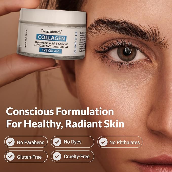 Dermatouch Collagen Eye Cream - Hyaluronic Acid and Caffeine Antioxidant Skin Treatment, Wrinkle Reducer, 1.6 Oz.