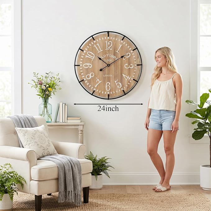EMAX HOME 24 Inch Large Farmhouse Wall Clock - Rustic Antique Wood, Silent Battery Operated Clock for Office Kitchen Bedroom Living Room
