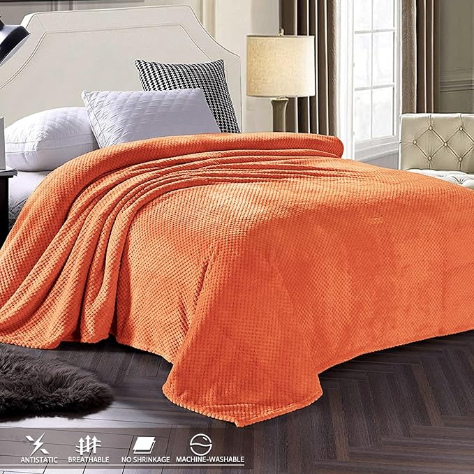 Exclusivo Mezcla Soft Waffle Fleece Bed Blanket Queen Size, Burnt Orange | Lightweight Plush Blanket for Bed, Bedroom, Cozy Flannel with Waffle Texture, Stylish Home Decor, All Season, 90x90 Inches