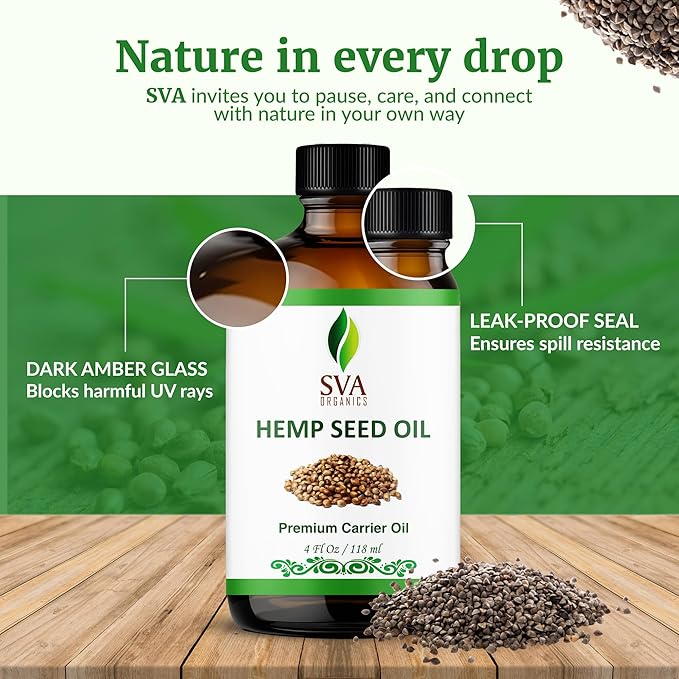 SVA ORGANICS Hemp Seed Oil Cold Pressed 4oz (118 ml) Premium Carrier Oil With Dropper For Skin Care, Hair Care, Scalp Massage, Body Massage, Hair Products, Cosmetics & Soap