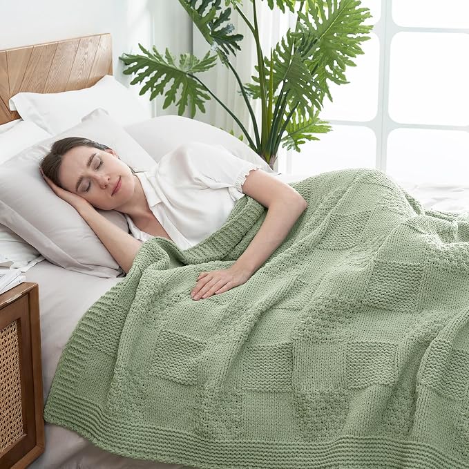 Knit Throw Blanket, Soft Chenille Cozy Breathable Checkered Chunky Decorative Blanket for Couch, Bed & Sofa, French-Inspired Lightweight Warm Gift for Women, Sage Green, 60"x80"