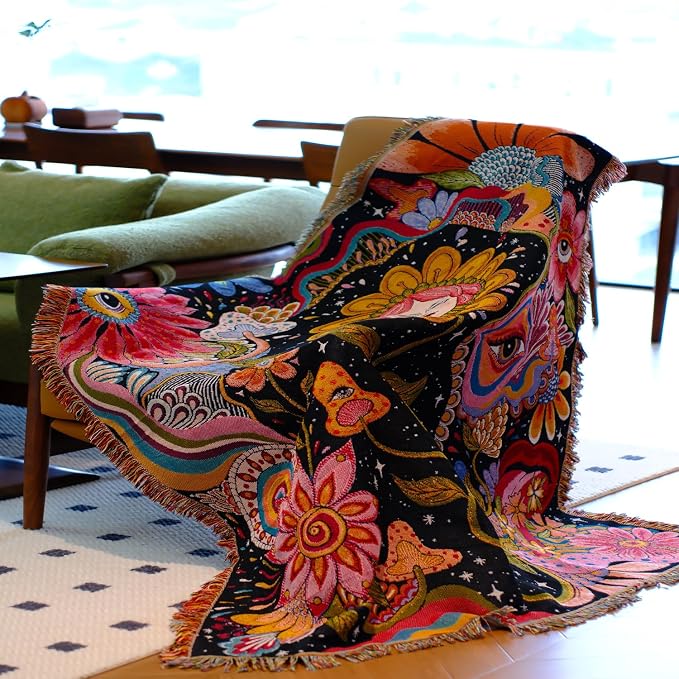 Hippie Flower Boho Throw Blanket for Couch Bed Chair Lounge Hippie Room Decor Reversible Cotton Woven Whimsical Throw Blanket Witchy Room Decor Throws Bed Spread Outdoor Camping Blanket 51x59 Inches