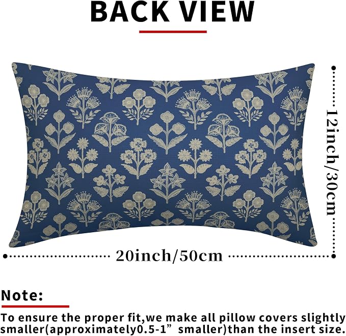 Blue Pillow Covers 12x20 Inch Set of 2, Cream Floral Block Print Pattern Lumbar Decorative Throw Pillowcases Outdoor Farmhouse Rectangle Cushion Covers Spring Summer Sofa Couch Bed Decor
