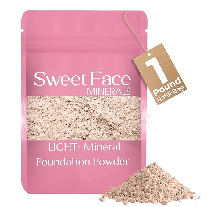 Foundation Powder Refill (Light) (1 Pound Bag) By Sweet Face Minerals, Lightweight Mineral Loose Makeup Powder with SPF 20, Full Coverage Flawless Finish, Talc-free, Cruelty-Free, Refillable Pouch