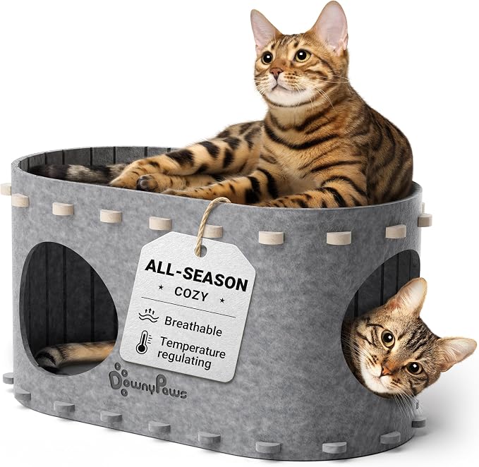 DownyPaws Cat House for Indoor Cats,Peekaboo Cat Bed Cave, Light Gray | Cat Hideaway Enclosed Bed,Cave Hideout Fort,Kitten Cube Castle Hut Tunnel for Cats,Hide Box Bed for Large Cat Up to 22 Lbs