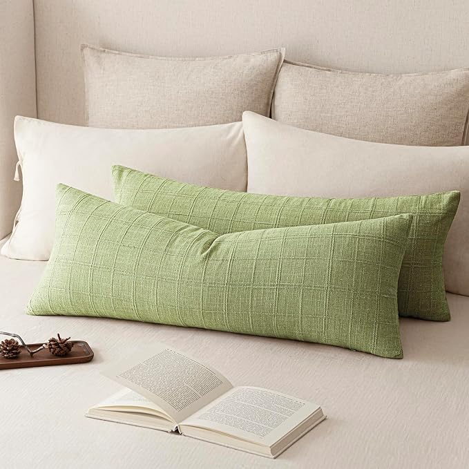Foindtower Set of 2 Decorative Linen Check Throw Pillow Covers Neutral Farmhouse Vintage Cushion Covers Cozy Modern Boho Accent Home Decor for Sofa Chair Couch Bed Living Room,14×36 Inch,Light Green