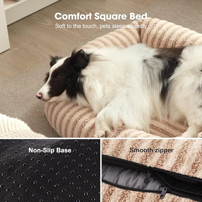 MIXJOY Dog Bed for Medium Small Size Dog, Washable Medium Dogs Bed with Removable Cover, Rectangle Doggy Ded Fluffy Plush Faux Fur Pet Bed with Anti-Slip Bottom, 25"x21"x7", Beige