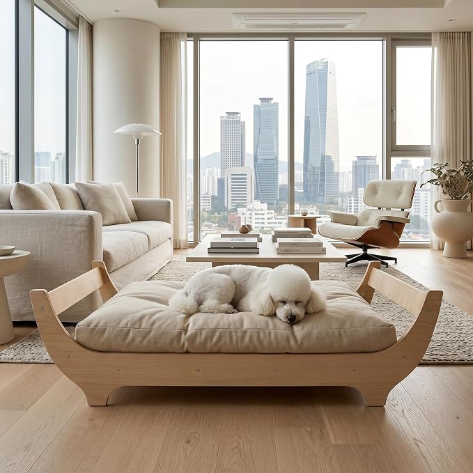 PERUGINA Wood Elevated Raised Dog Bed Frame Mat Set,WoodPattern,60 lb | Trainer Recommended DutchDesign Sturdy Attractive Dog Sofa Couch Furniture