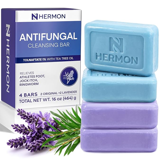 Hermon Antifungal Soap with Tea Tree Oil: Antifungal Treatment Bar Soothing Care & Relief of Itchy for Ringworm, Jock Itch, & Athlete's Foot - Body & Face Wash - Original & Lavender 4Pack