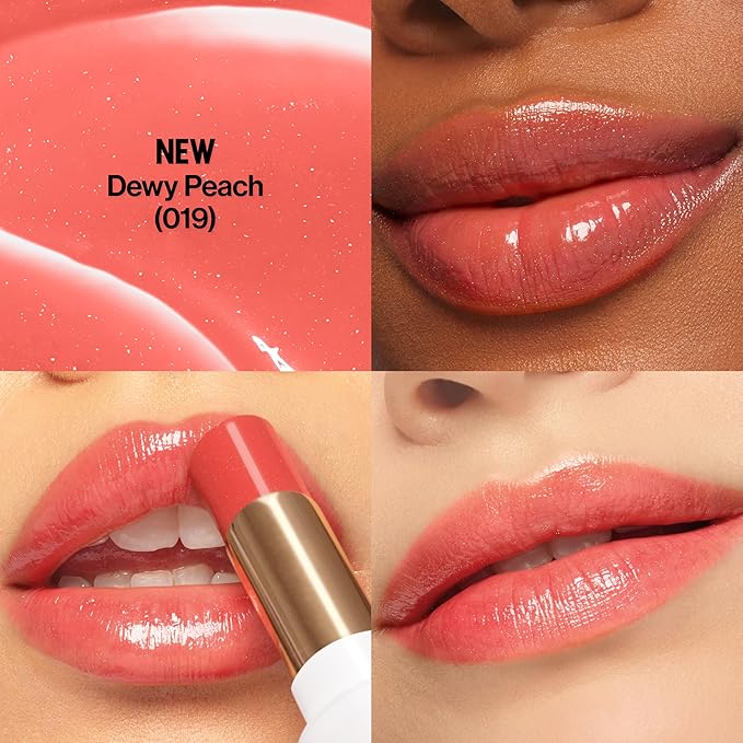 REVLON Super Lustrous Glass Shine Balm, Hydrating Tinted Lip Balm with Hyaluronic Acid, Aloe & Rose Quartz, Light-Medium Coral Lipstick, NEW Shade, 019 Dewy Peach, 0.11 oz
