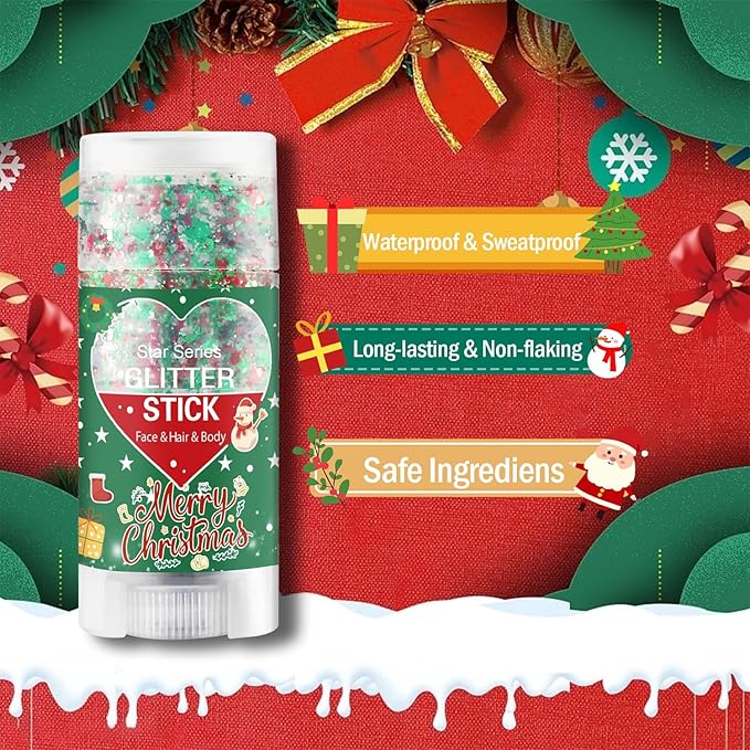 Christmas Body Glitter Stick, Red Green and White Face Glitter Accessories, Waterproof Face Hair Glitter Makeup, Christmas Glitter Makeup for Kids and Women