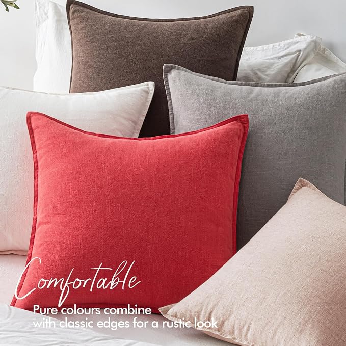EMEMA Euro Sham Decorative Linen Throw Pillow Covers 24x24 Inch Red | Boho Farmhouse Neutral Couch Throw Pillows for Bed Pack of 2 Accent Pillowcase Modern Sofa Cushion Livingroom Home Decor