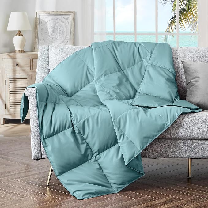 puredown® Soft Feather Down Throw Blanket Lightweight Packable Couch Throw for Indoor and Outdoor Use, Throw 50"X70", Teal Blue