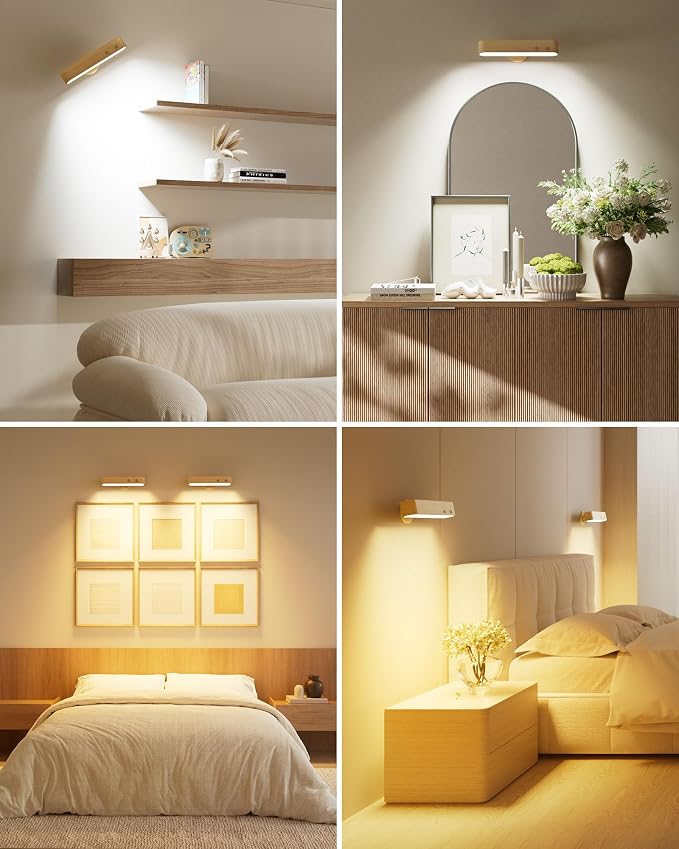PopoIron 7500 mAh Rechargeable Wall Sconce, Battery Operated LED Wall Light for Bedroom with Remote Control & Touch, 360° Magnetic Rotation, 3 Colours, Dimmable Wood Wall Lamp, 15 RGB Colors, 1p
