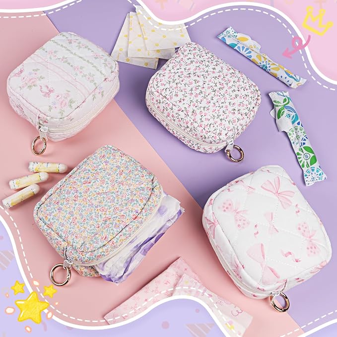 Period Bag for Teen Girls, Quilted Sanitary Napkin Storage Bag, Cute Menstrual Pad Pouch Tampon Holder (Pink Bunny)