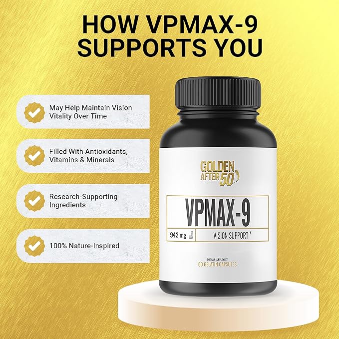 Golden After 50 VpMax-9 - Sight Care and Antioxidant Supplement with Eye Vitamins, Lutein, Lycopene and Bilberry Extract - 6 Bottles