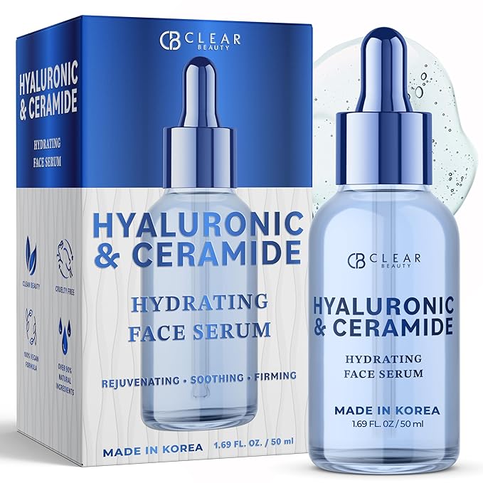 Clear Beauty Ceramide & Hyaluronic Acid Serum for Face - Dermatologist Tested, Anti Aging Korean Skin Care - Deep Hydration, Plumps Fine Lines, Firms, Barrier Repair - Vegan, Clean Beauty- 1.69 Fl Oz
