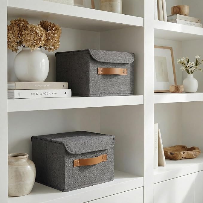 Decorative Linen Storage Boxes with Lids - Spacious Set of 2 Organizer Bins | The Perfect Small Container for Home Decor - Safely Store Photos, Documents and Memory Box Keepsakes in Style