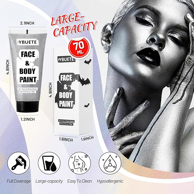 Silver Water Based Face Body Paint, 2.37 OZ Large Tube Full Coverage Face Paint for Skull Goth Cosplay, Washable Metallic Silver Body Painting Cream for Adult Carnival Halloween SFX Makeup