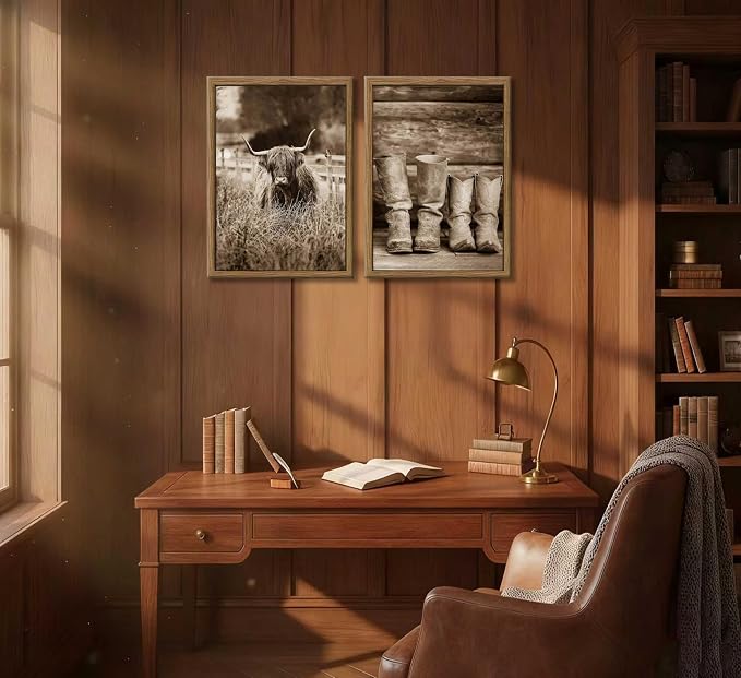 6Pcs Vintage Western Cowboy Wall Art, Highland Cattle Prints, 10" L x 8" W | Rustic Farmhouse Canvas Posters, Country Western Style Wall Decor for Bedroom and Kitchen, Unframed