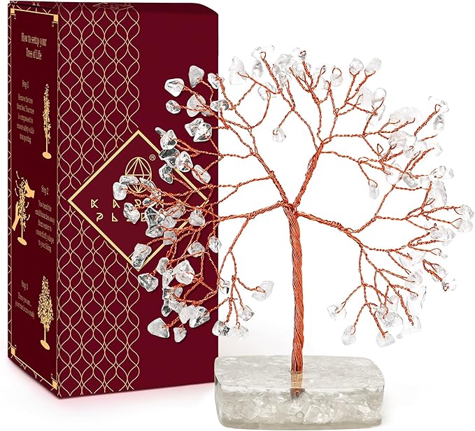 Clear Quartz Crystal Tree of Life Birthday Gifts for Women, Men, Friends, Handmade Chakra Healing Crystals Tree for Home Office Decor, Positivity, Good Luck, Money, Unique Gifts for Her Mom, Dad