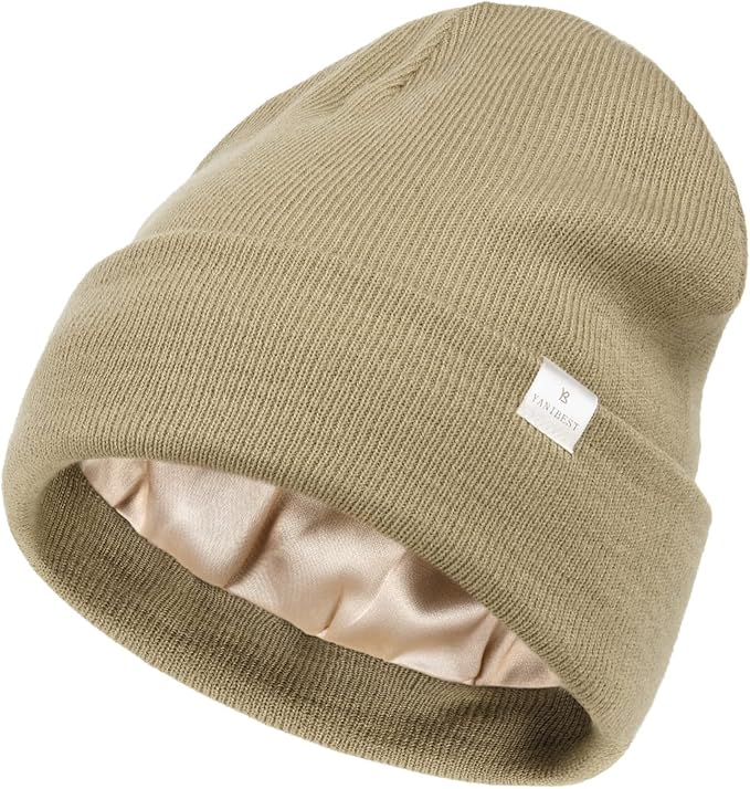 YANIBEST Satin Lined Beanie for Women Reduce Frizz Winter Hats for Women Men Silk Lining Soft Slouchy Warm Cuffed Less Static
