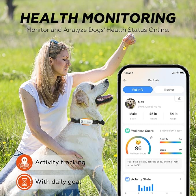 DBDD Smart GPS Tracker for Dogs - Real-Time Location & AI Health Assistant, Waterproof Electronic Fence Collar for Escape