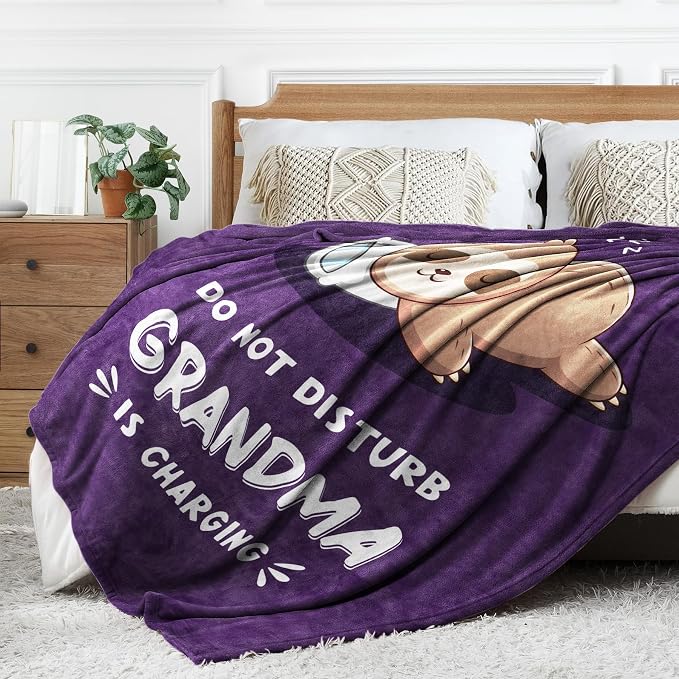 Leebbsin Funny Gifts for Grandma, Grandma Birthday Gift from Grandkids | Grandma is Charging Sloth Blanket 60" x 50", Purple, Grandmas Gift for Christmas Mothers Day, Soft Sloth Blanket for Grandma