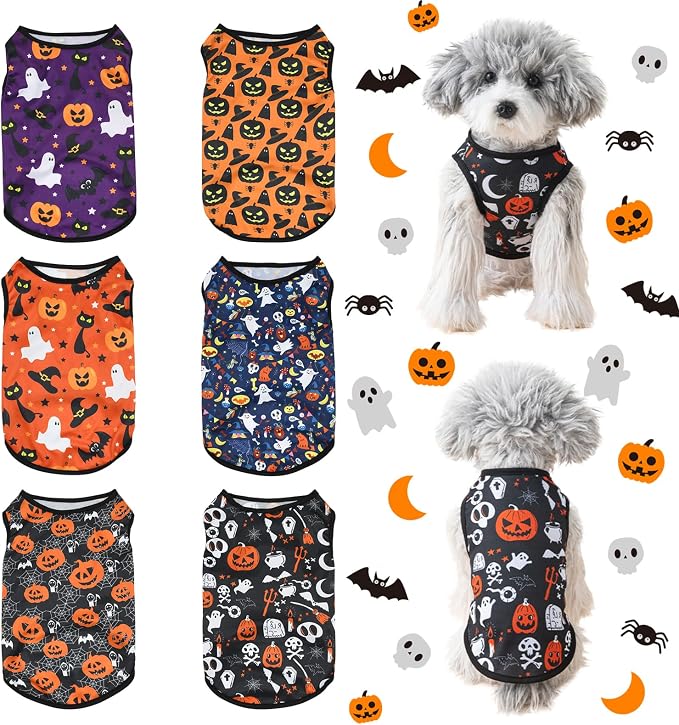 6 Pack Halloween Dog Clothes for Small Dogs, Soft and Breathable Puppy Kitten Dog Shirts for Pet Cats, Dogs' T-Shirts Apparel Sleeveless Vests for Yorkies (Happy Halloween, Medium)