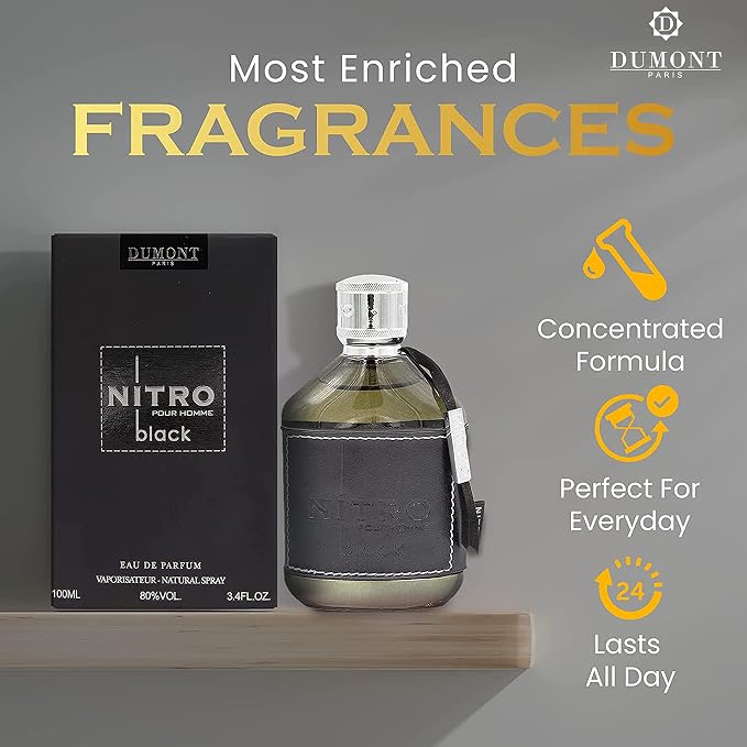 Dumont Nitro Black 3.4 Fl Oz Eau De Parfum for Men – Dark Sweet Fruity Woody Fragrance – Luxurious Long Lasting Scent