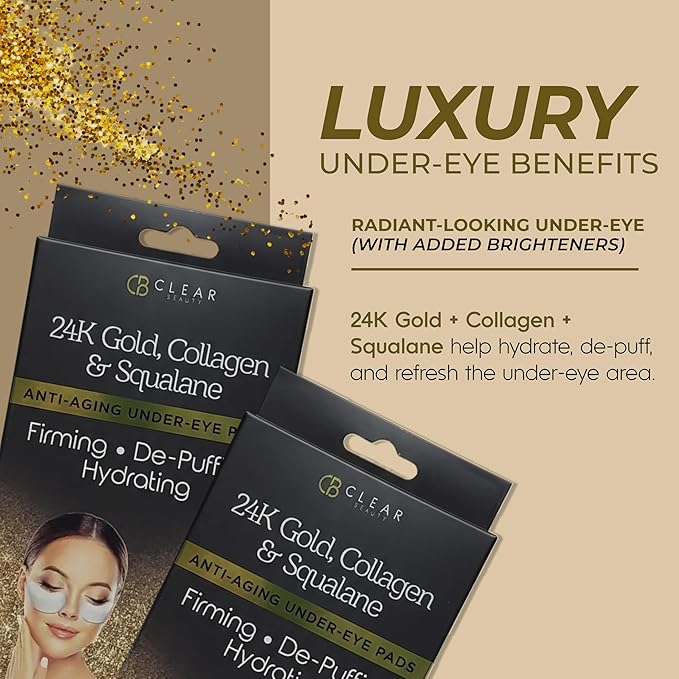 Clear Beauty, 24K Gold & Collagen Under Eye Patches For Dark Circles & Puffy Eyes – Firming & Hydrating With Squalane – Dermatologist Tested, Anti-Aging, Korean Skin Care – Clean Beauty – 5 Pairs