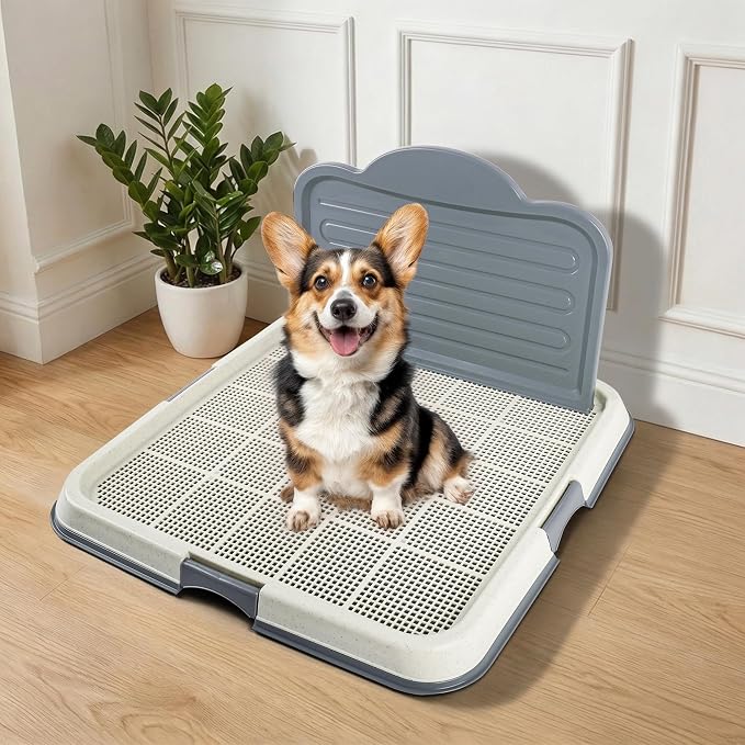 Dog Pee Pad Holder with High Wall, Large Puppy Potty Training Tray with Mesh Grid & Splash Guard, 23.6” x 23.6” Indoor Dog Litter Box, Includes 4 Disposable Pee Pads