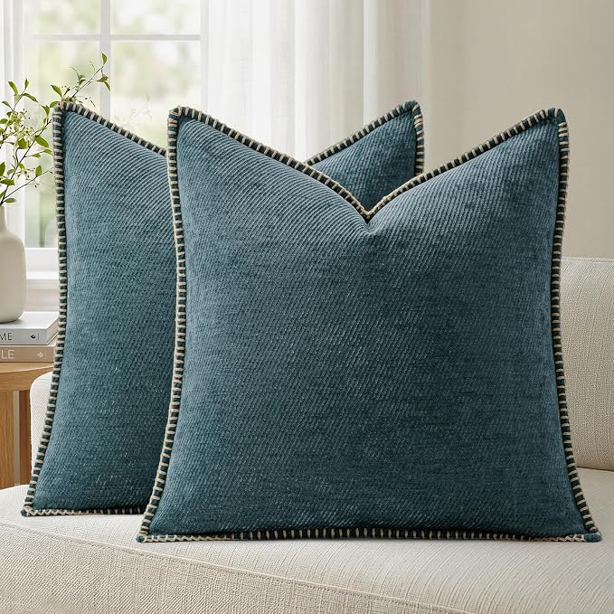 a moment Pack of 2 Decorative Chenille Throw Pillow Covers with Twill Cushion Covers for Sofa Living Room Couch Bed 20x20 Inch,Crafted Border Dark Teal