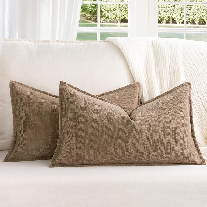 Khaki Pillow Covers 12x20 Set of 2 Chenille Throw Pillow Covers with Elegant Design Soft and Luxurious Decorative Throw Pillows for Couch, Bed, and Home Decor