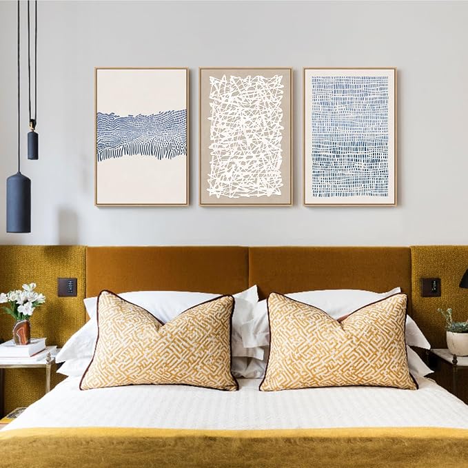 SAFERRYHOME Blue Neutral Contrast Abstract Boho Wall Art,3 Panels 16"x24" | Modern Abstract Framed Canvas Print Set, Mid Century Modern Minimalist Lines Geometric Pattern for Living Room,Bedroom,Office