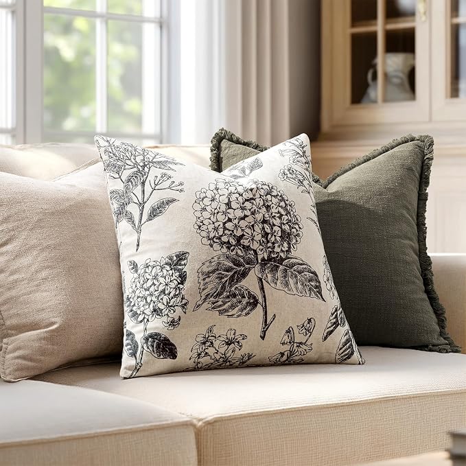 Set of 2 Decorative Floral Pillow Covers 18x18 Inch Black | Neutral Hydrangea Print, Boho Vintage Throw Cushion Covers, Cottagecore Home Decor, for Sofa Couch Porch Bedroom Living Room