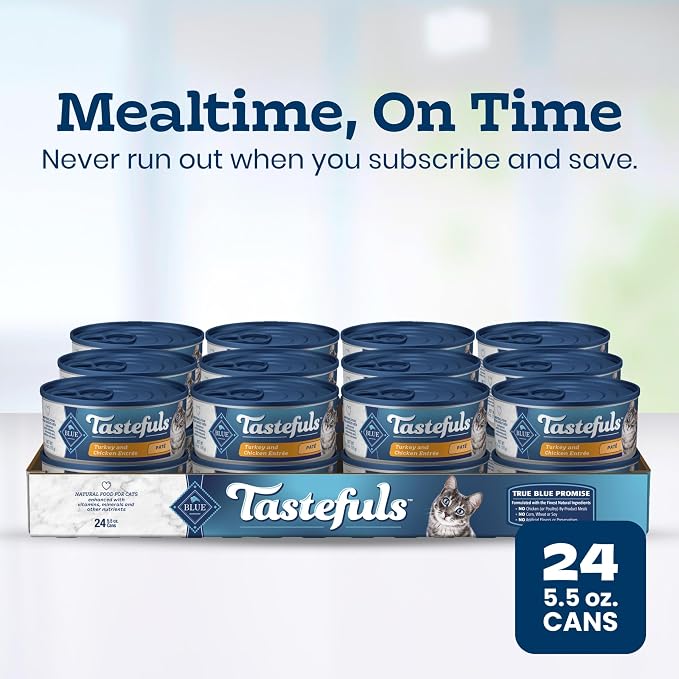 Blue Buffalo Tastefuls Turkey & Chicken Paté Wet Cat Food, 5.5 oz, 24 ct | Real Turkey First, Paté Style, No Chicken By-Product, Corn, Wheat, or Soy