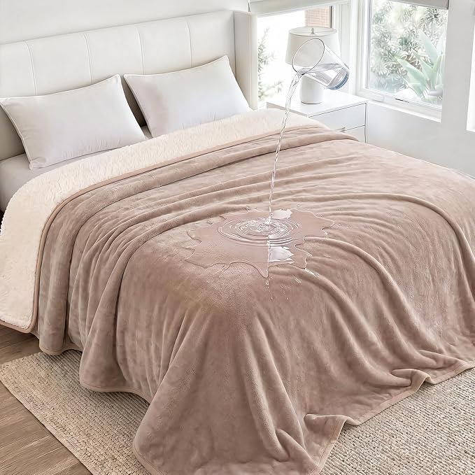 Luciphia Waterproof Pet Blanket, Washable Reversible Sherpa Fleece Throw | Liquid-proof furniture protector for bed and couch, soft reversible sherpa fleece for dogs, cats khaki, KING