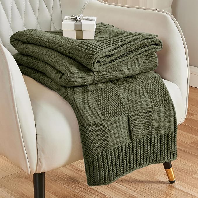 CozeCube Olive Green Knitted Checkered Throw Blanket 50"X60" | Check Knit Throw for Couch, Decorative Christmas Soft Cozy Warm Blanket for Bed Sofa Living Room