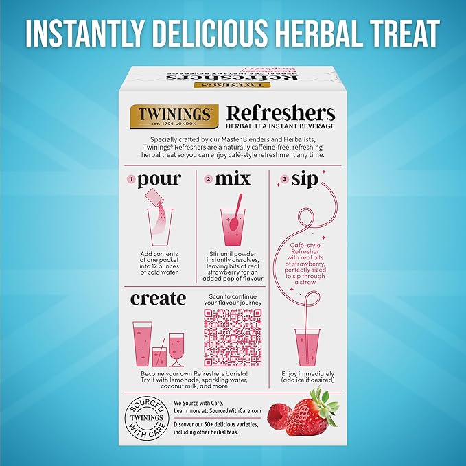 NEW Twinings Strawberry Raspberry Refreshers, Herbal Tea Instant Beverage with Real Strawberry Fruit Bits, 5 Count (Pack of 2), Café Style, No Artificial Sweeteners, Naturally Caffeine-Free, 5 Packets