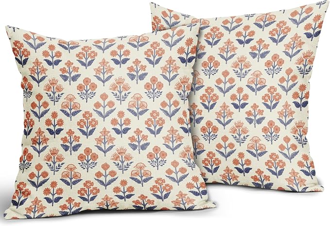 Navy Blue Orange Floral Block Print Pillow Covers 24x24 Inch Set of 2, Fall Vintage Flower Pattern Decorative Throw Pillowcases Outdoor Farmhouse Cushion Covers Seasonal Rustic Sofa Couch Bed Decor